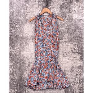 Poupette St Barth Dress Small Womens Clara Mini Tassel Tie Floral Blue & Orange